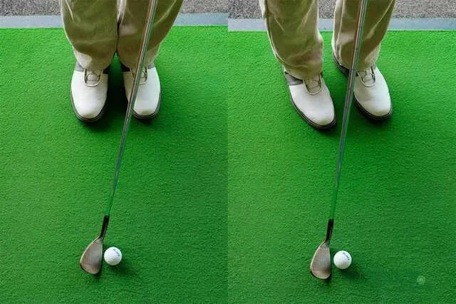 両足をスクエアに構えた状態からカカトを支点にして両足ツマ先を左に向ける。オープンスタンスに構えることで、フォローで体を左に回転しやすくなる　写真:鈴木祥
