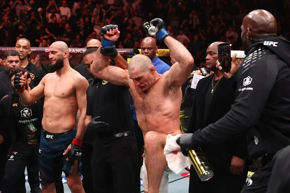 NEWARK, NEW JERSEY - MAY 09: Sean Strickland reacts after a split-decision victory against Khamzat Chimaev of Russia in the UFC middleweight championship fight during the UFC 328 event at Prudential Center on May 09, 2026 in Newark, New Jersey. (Photo by Ed Mulholland/Zuffa LLC)